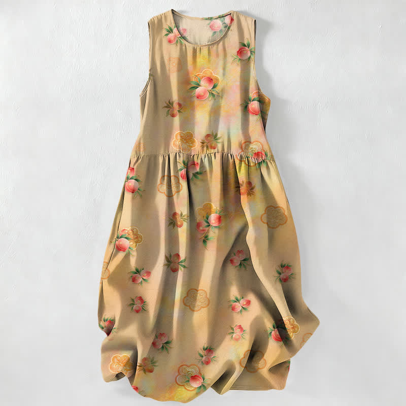 Buddha Stones Vestido midi de verano informal para mujer con estampado floral rosa y hojas, sin mangas y con bolsillos. - vara de oro - US16，UK/AU20，EU48 (3XL) - image 5