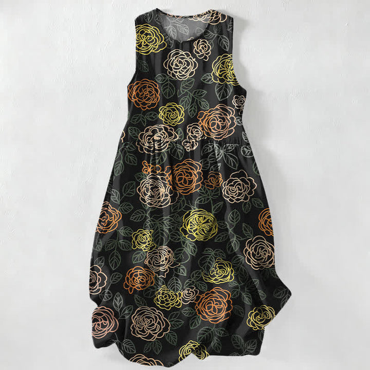 Buddha Stones Vestido midi de verano informal para mujer con estampado floral colorido y bolsillos. - Negro - US16，UK/AU20，EU48 (3XL) - image 0