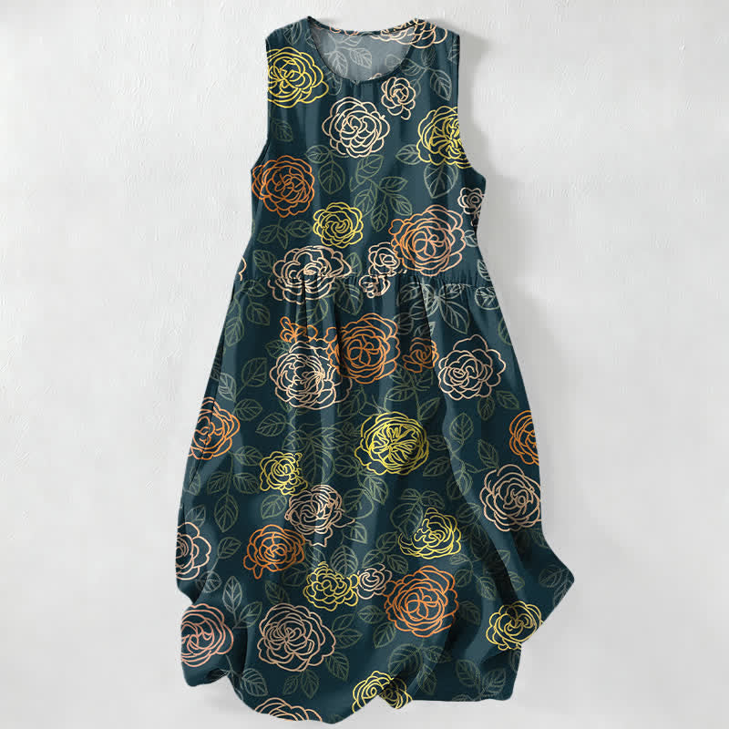 Buddha Stones Vestido midi de verano informal para mujer con estampado floral colorido y bolsillos. - Gris pizarra oscuro - US16，UK/AU20，EU48 (3XL) - image 4