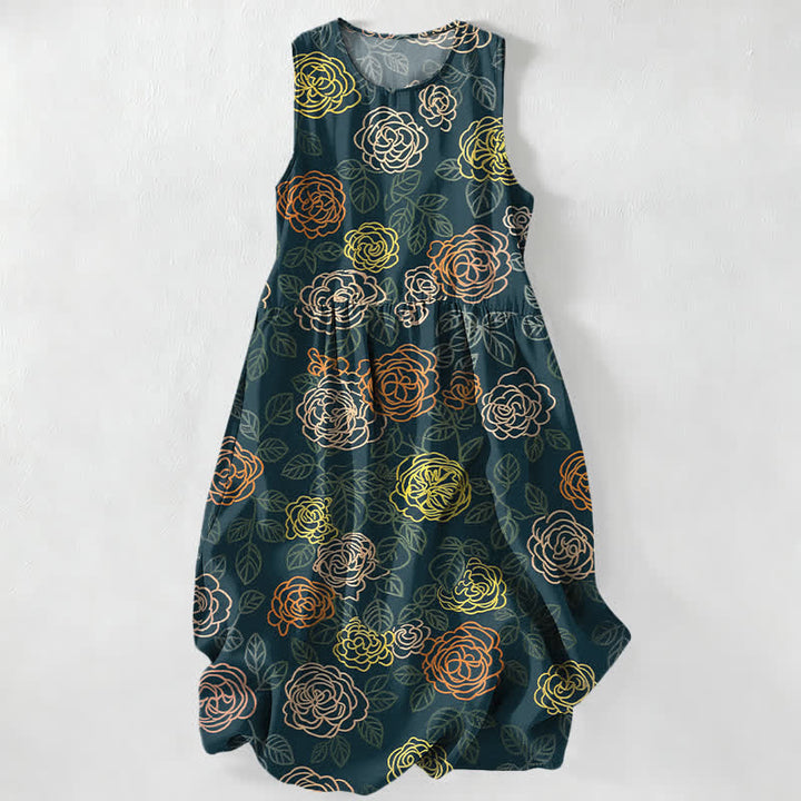 Buddha Stones Vestido midi de verano informal para mujer con estampado floral colorido y bolsillos. - Gris pizarra oscuro - US16，UK/AU20，EU48 (3XL) - image 4