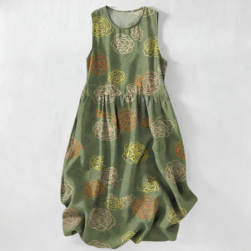 Buddha Stones Vestido midi de verano informal para mujer con estampado floral colorido y bolsillos. - Verde oliva oscuro - US16，UK/AU20，EU48 (3XL) - image 5
