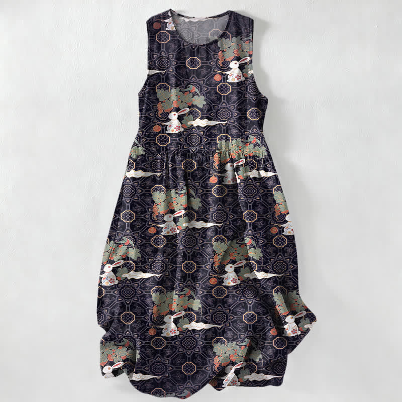 Buddha Stones Vestido midi de verano informal vintage para mujer con estampado de medallones florales y hojas, sin mangas y con bolsillos. - Índigo - US16，UK/AU20，EU48 (3XL) - image 0