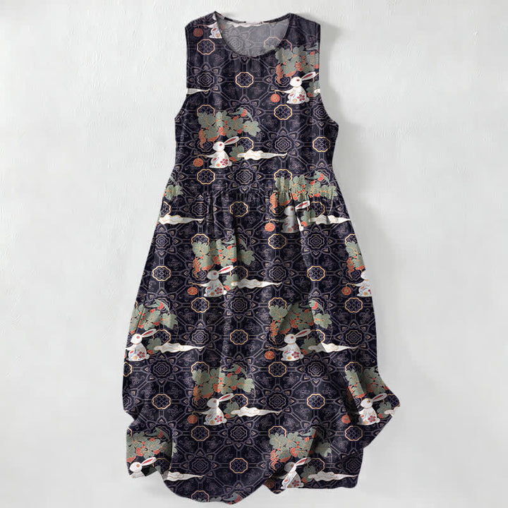 Buddha Stones Vestido midi de verano informal vintage para mujer con estampado de medallones florales y hojas, sin mangas y con bolsillos. - Índigo - US16，UK/AU20，EU48 (3XL) - image 0