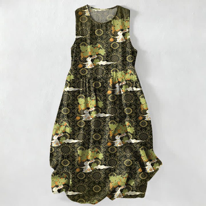 Buddha Stones Vestido midi de verano informal vintage para mujer con estampado de medallones florales y hojas, sin mangas y con bolsillos. - Verde oliva oscuro - US16，UK/AU20，EU48 (3XL) - image 4