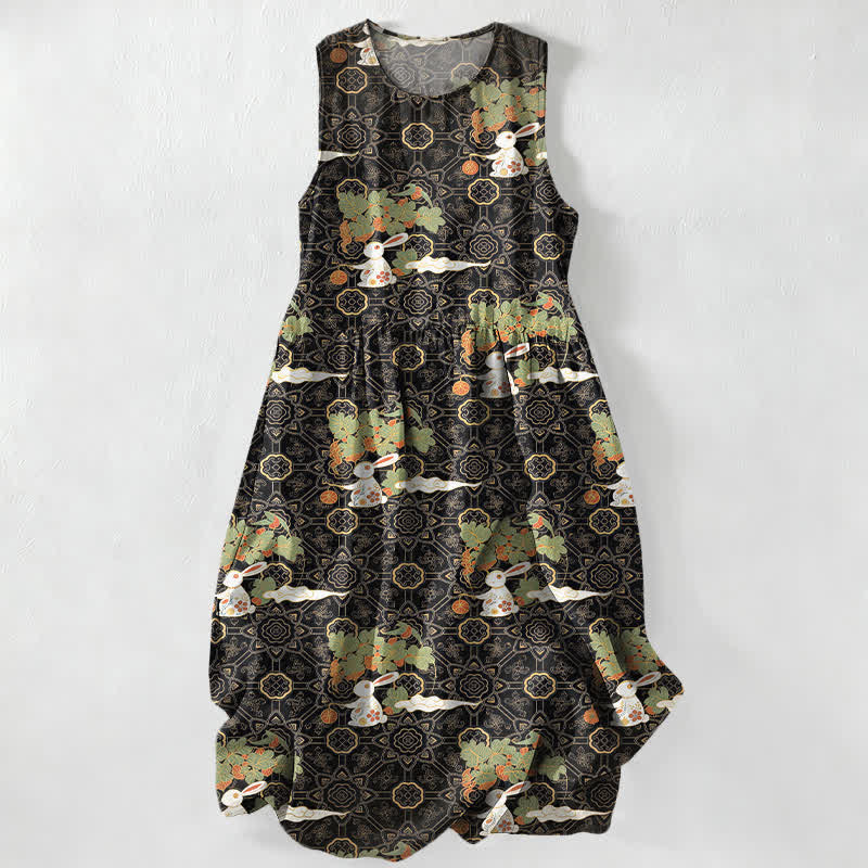 Buddha Stones Vestido midi de verano informal vintage para mujer con estampado de medallones florales y hojas, sin mangas y con bolsillos. - Negro - US16，UK/AU20，EU48 (3XL) - image 5