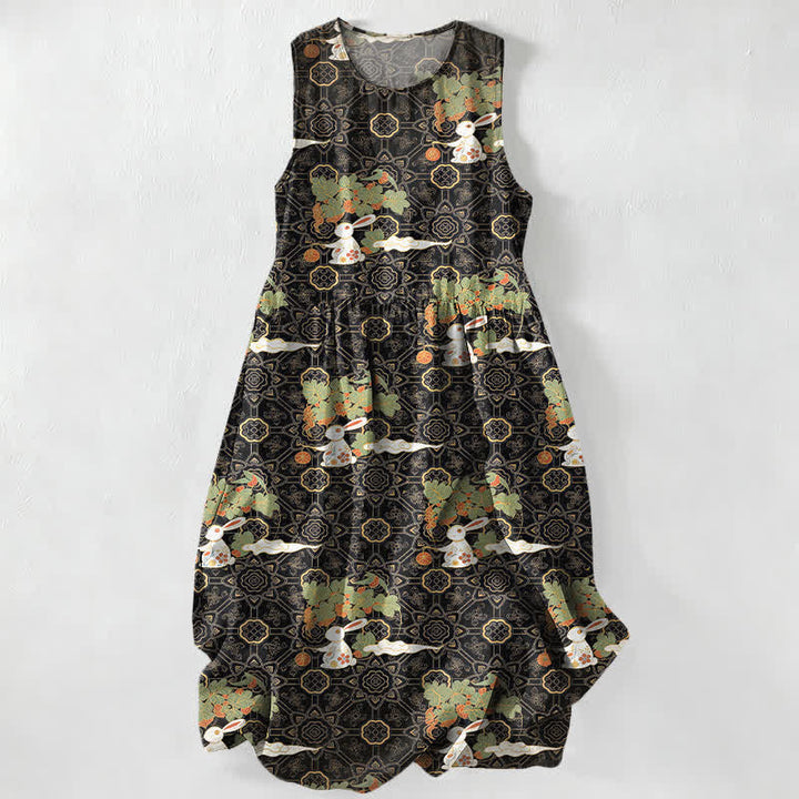 Buddha Stones Vestido midi de verano informal vintage para mujer con estampado de medallones florales y hojas, sin mangas y con bolsillos. - Negro - US16，UK/AU20，EU48 (3XL) - image 5
