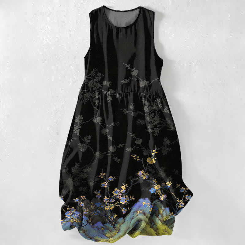 Buddha Stones Vestido midi de verano informal vintage para mujer con estampado de ramas florales y sin mangas, con bolsillos. - Negro - US16，UK/AU20，EU48 (3XL) - image 0