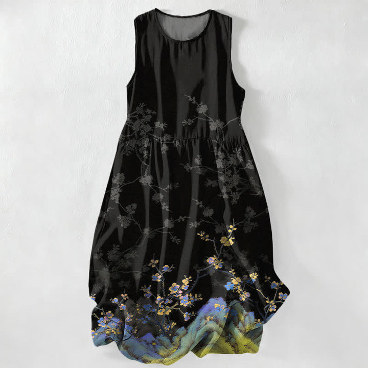 Buddha Stones Vestido midi de verano informal vintage para mujer con estampado de ramas florales y sin mangas, con bolsillos. - Negro - US16，UK/AU20，EU48 (3XL) - image 0