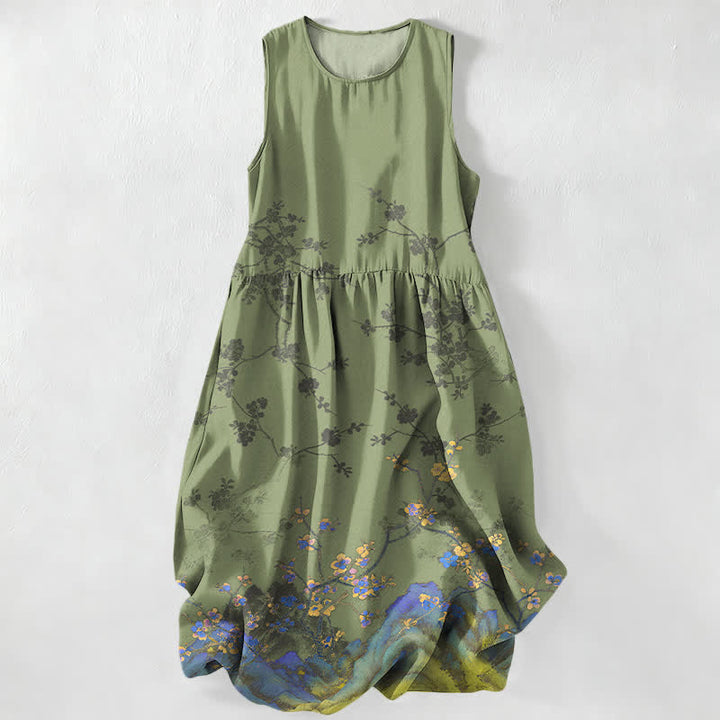 Buddha Stones Vestido midi de verano informal vintage para mujer con estampado de ramas florales y sin mangas, con bolsillos. - Verde oliva - US16，UK/AU20，EU48 (3XL) - image 4