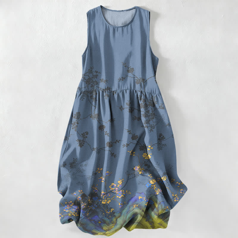 Buddha Stones Vestido midi de verano informal vintage para mujer con estampado de ramas florales y sin mangas, con bolsillos. - Gris pizarra - US16，UK/AU20，EU48 (3XL) - image 5