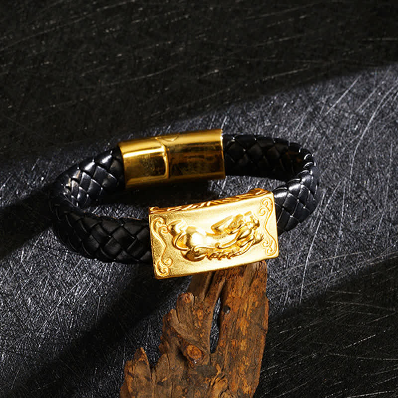 Buddha Stones Pulsera de cuero trenzado con el carácter Pi Xiu Fu para atraer la riqueza - Placa de Pixiu - image 0