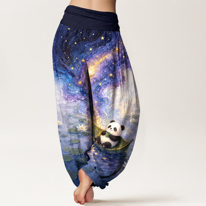 Buddha Stones Pantalones harem de algodón puro con estampado de loto estrellado y panda para mujer, con cintura elástica. - image 1