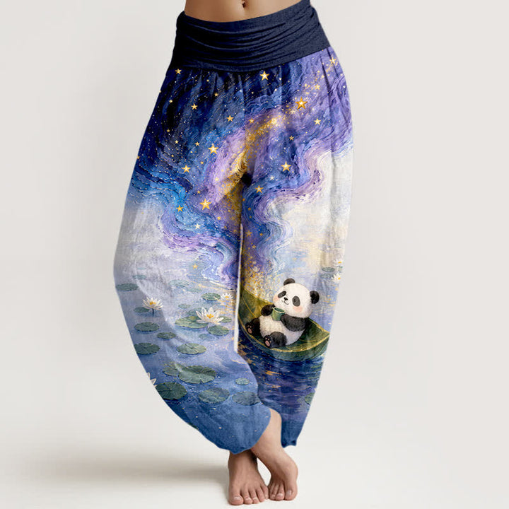 Buddha Stones Pantalones harem de algodón puro con estampado de loto estrellado y panda para mujer, con cintura elástica. - Marina de guerra - US16，UK/AU20，EU48 (3XL) - image 0