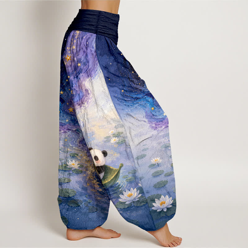 Buddha Stones Pantalones harem de algodón puro con estampado de loto estrellado y panda para mujer, con cintura elástica. - image 2