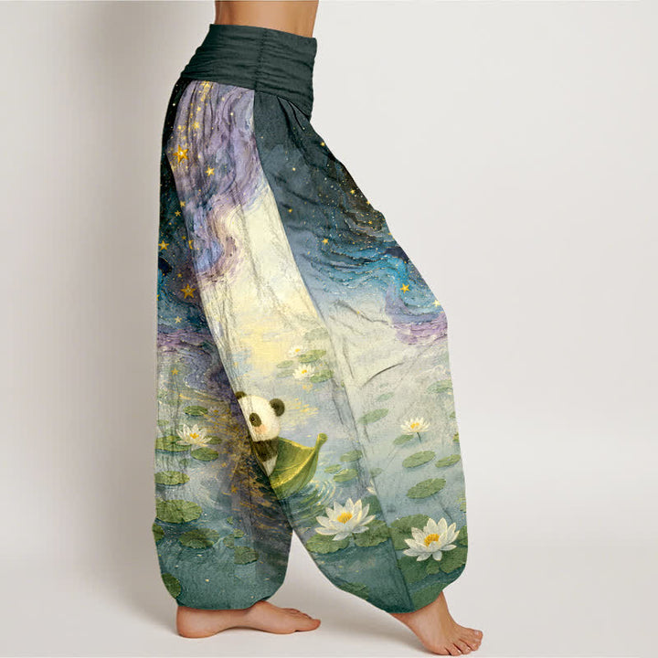 Buddha Stones Pantalones harem de algodón puro con estampado de loto estrellado y panda para mujer, con cintura elástica. - image 7
