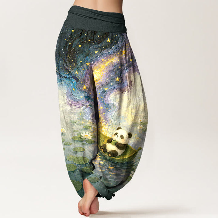 Buddha Stones Pantalones harem de algodón puro con estampado de loto estrellado y panda para mujer, con cintura elástica. - image 6