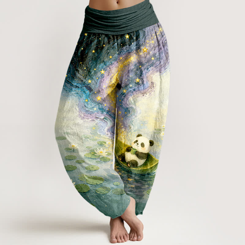Buddha Stones Pantalones harem de algodón puro con estampado de loto estrellado y panda para mujer, con cintura elástica. - Verde azulado - US16，UK/AU20，EU48 (3XL) - image 5