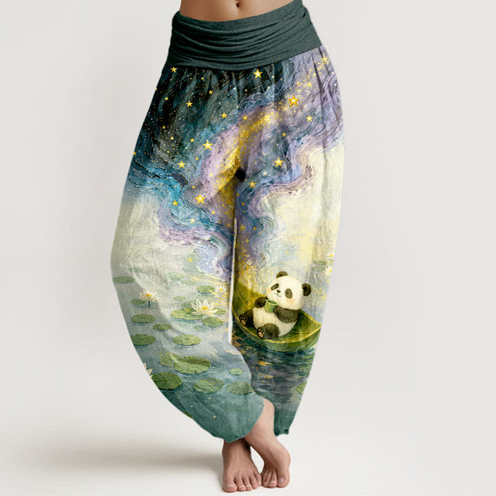 Buddha Stones Pantalones harem de algodón puro con estampado de loto estrellado y panda para mujer, con cintura elástica. - Verde azulado - US16，UK/AU20，EU48 (3XL) - image 5