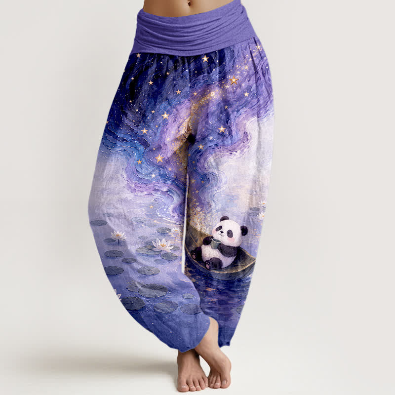 Buddha Stones Pantalones harem de algodón puro con estampado de loto estrellado y panda para mujer, con cintura elástica. - Azul pizarra - US16，UK/AU20，EU48 (3XL) - image 8