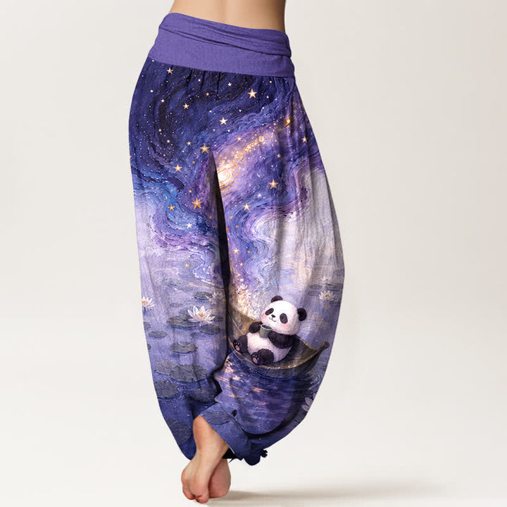 Buddha Stones Pantalones harem de algodón puro con estampado de loto estrellado y panda para mujer, con cintura elástica. - image 9