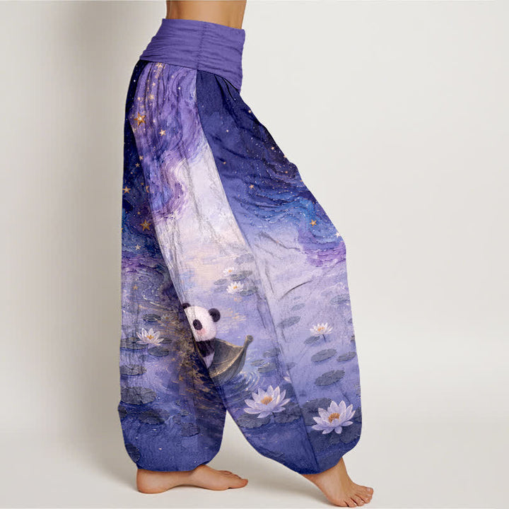 Buddha Stones Pantalones harem de algodón puro con estampado de loto estrellado y panda para mujer, con cintura elástica. - image 10