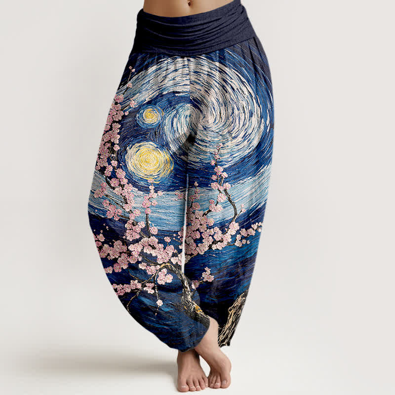 Buddha Stones Pantalones harem de mujer con cintura elástica y estampado de remolinos de flores estrelladas, de algodón puro para mujer. - Marina de guerra - US16，UK/AU20，EU48 (3XL) - image 0