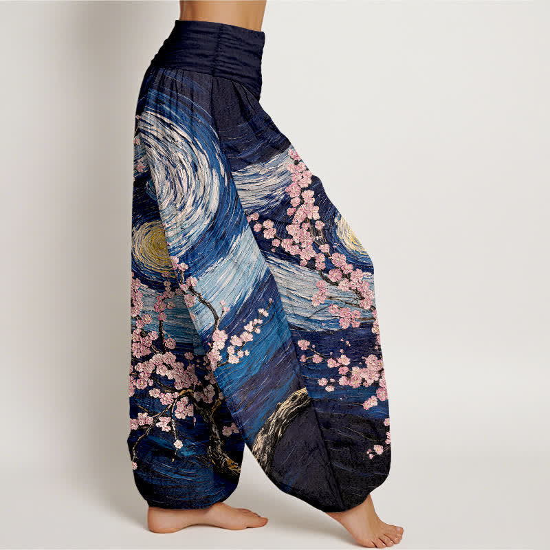 Buddha Stones Pantalones harem de mujer con cintura elástica y estampado de remolinos de flores estrelladas, de algodón puro para mujer. - image 2