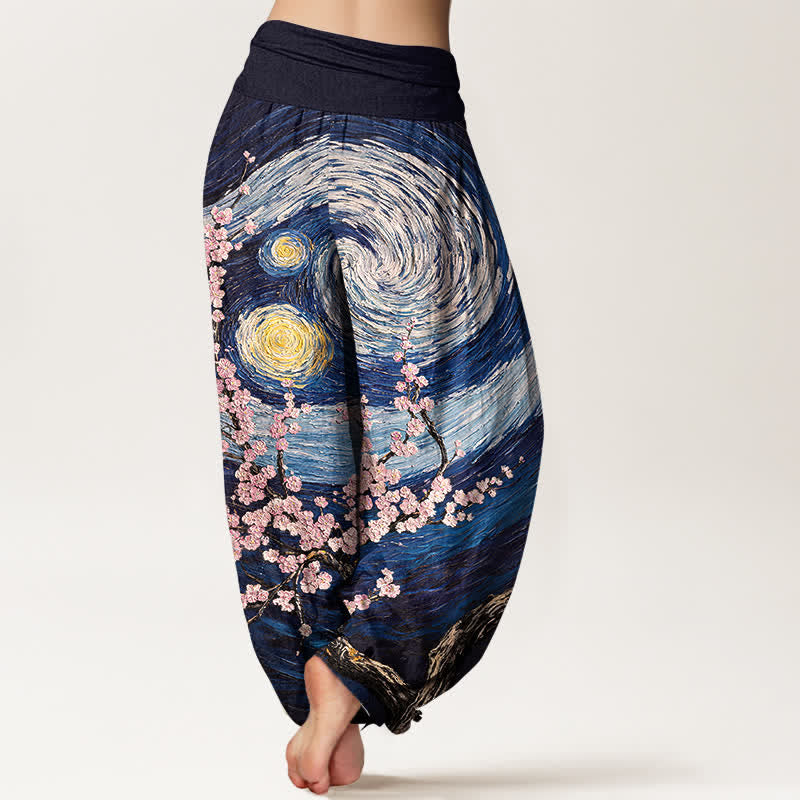 Buddha Stones Pantalones harem de mujer con cintura elástica y estampado de remolinos de flores estrelladas, de algodón puro para mujer. - image 1