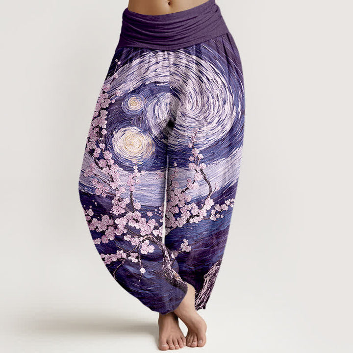 Buddha Stones Pantalones harem de mujer con cintura elástica y estampado de remolinos de flores estrelladas, de algodón puro para mujer. - Índigo - US16，UK/AU20，EU48 (3XL) - image 5