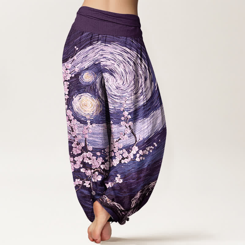 Buddha Stones Pantalones harem de mujer con cintura elástica y estampado de remolinos de flores estrelladas, de algodón puro para mujer. - image 6