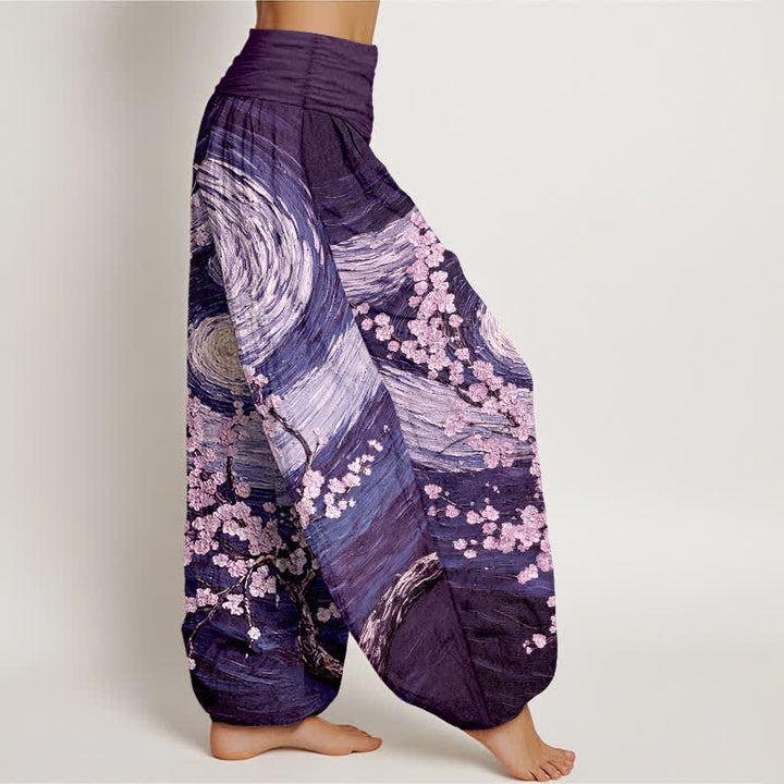 Buddha Stones Pantalones harem de mujer con cintura elástica y estampado de remolinos de flores estrelladas, de algodón puro para mujer. - image 7