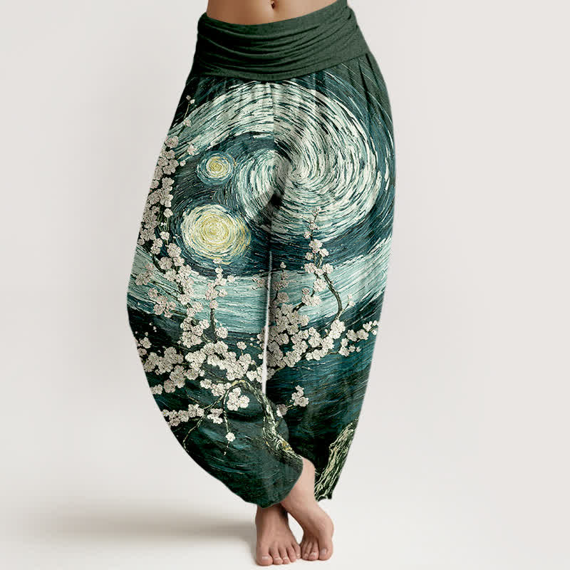 Buddha Stones Pantalones harem de mujer con cintura elástica y estampado de remolinos de flores estrelladas, de algodón puro para mujer. - Verde oscuro - US16，UK/AU20，EU48 (3XL) - image 8