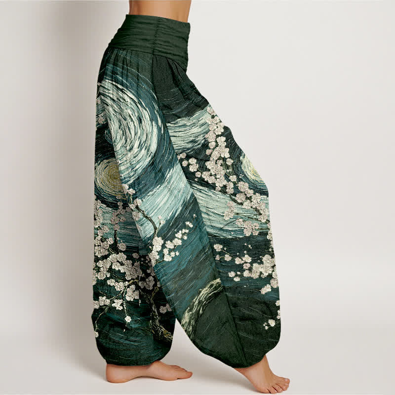 Buddha Stones Pantalones harem de mujer con cintura elástica y estampado de remolinos de flores estrelladas, de algodón puro para mujer. - image 10