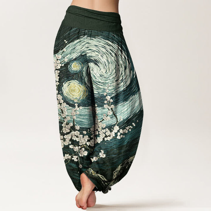 Buddha Stones Pantalones harem de mujer con cintura elástica y estampado de remolinos de flores estrelladas, de algodón puro para mujer. - image 9
