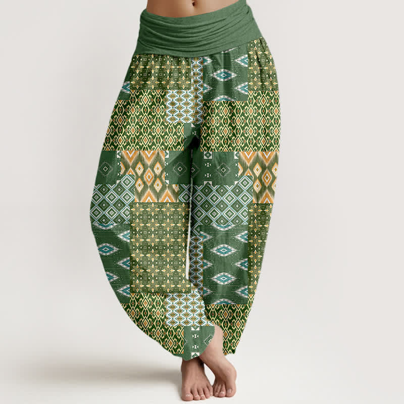 Buddha Stones Pantalones harem de mujer con cintura elástica y estampado geométrico bohemio de algodón puro para mujer. - Verde oliva - US16，UK/AU20，EU48 (3XL) - image 0