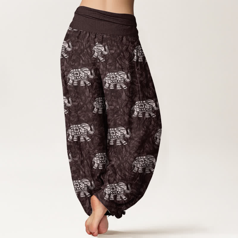 Buddha Stones Pantalones harem de algodón puro con estampado de elefante blanco para mujer con cintura elástica. - image 1