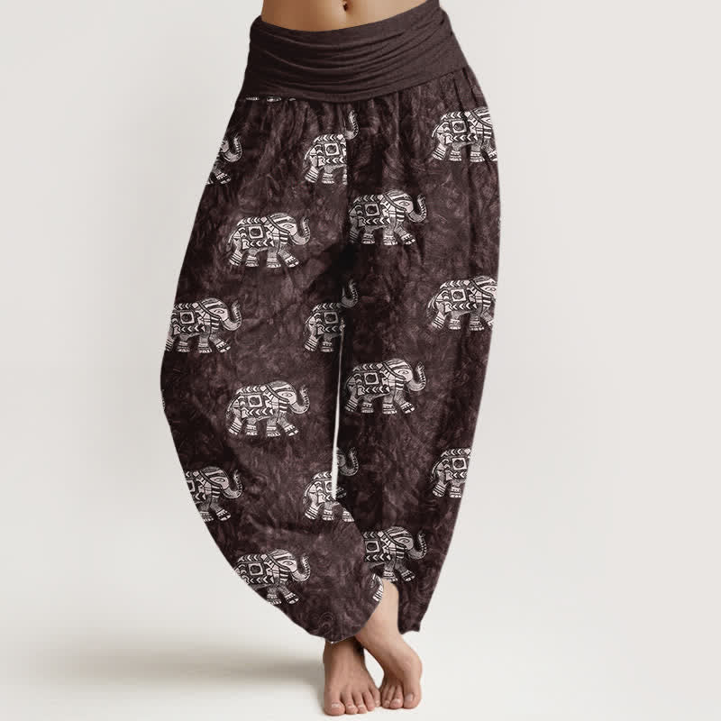 Buddha Stones Pantalones harem de algodón puro con estampado de elefante blanco para mujer con cintura elástica. - Granate - US16，UK/AU20，EU48 (3XL) - image 0