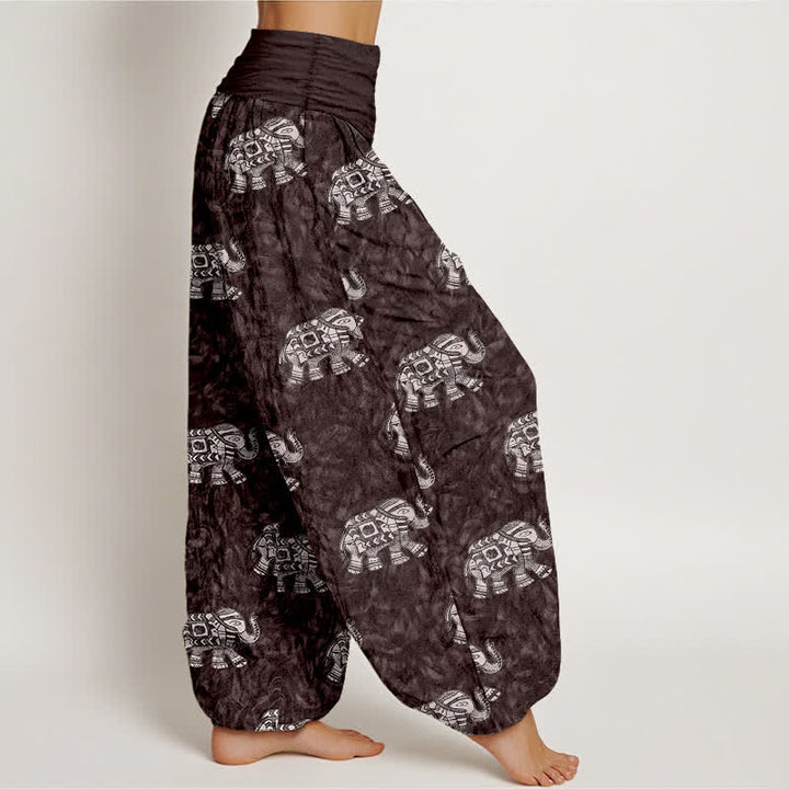 Buddha Stones Pantalones harem de algodón puro con estampado de elefante blanco para mujer con cintura elástica. - image 2
