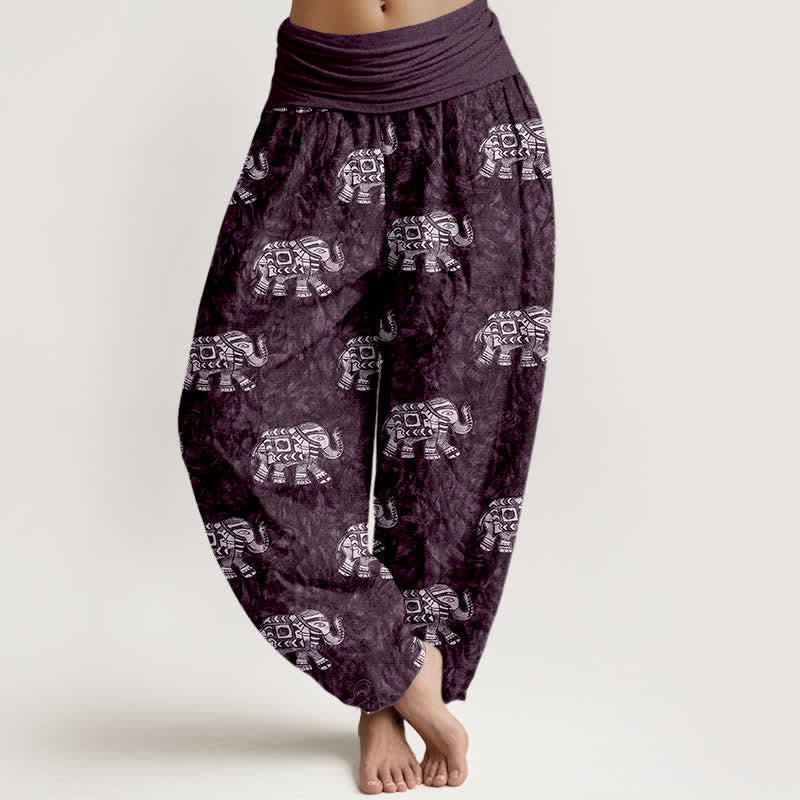 Buddha Stones Pantalones harem de algodón puro con estampado de elefante blanco para mujer con cintura elástica. - Índigo - US16，UK/AU20，EU48 (3XL) - image 5