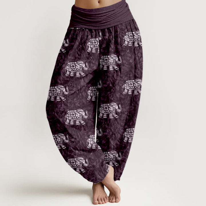Buddha Stones Pantalones harem de algodón puro con estampado de elefante blanco para mujer con cintura elástica. - Índigo - US16，UK/AU20，EU48 (3XL) - image 5