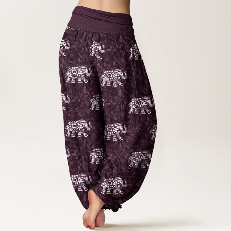 Buddha Stones Pantalones harem de algodón puro con estampado de elefante blanco para mujer con cintura elástica. - image 6