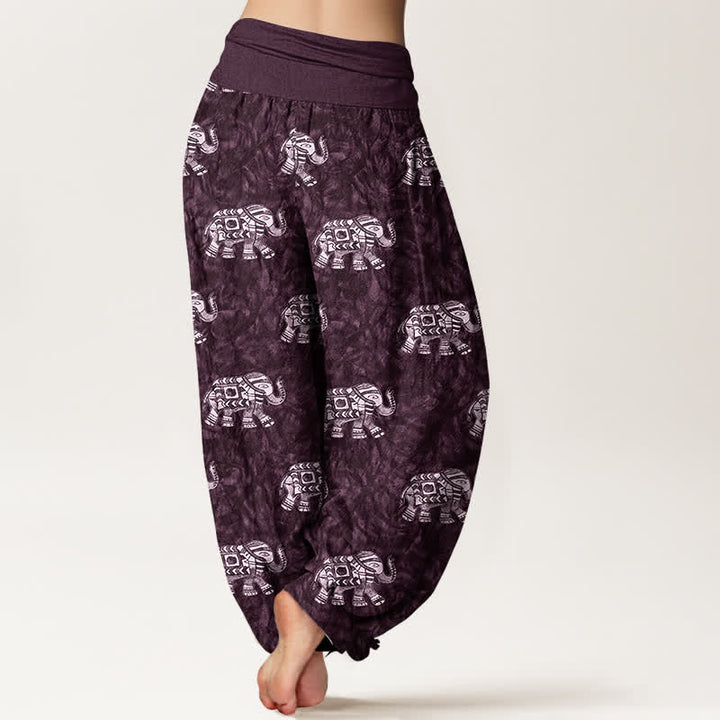 Buddha Stones Pantalones harem de algodón puro con estampado de elefante blanco para mujer con cintura elástica. - image 6
