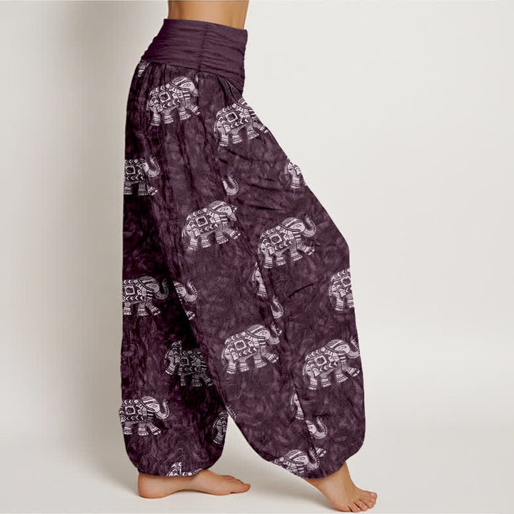 Buddha Stones Pantalones harem de algodón puro con estampado de elefante blanco para mujer con cintura elástica. - image 7