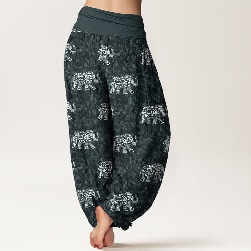 Buddha Stones Pantalones harem de algodón puro con estampado de elefante blanco para mujer con cintura elástica. - image 9