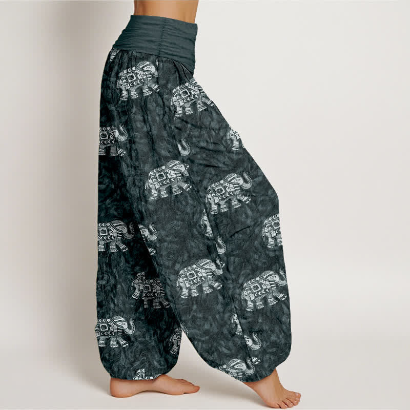 Buddha Stones Pantalones harem de algodón puro con estampado de elefante blanco para mujer con cintura elástica. - image 10