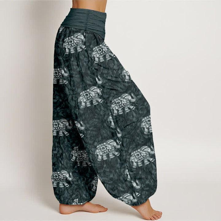 Buddha Stones Pantalones harem de algodón puro con estampado de elefante blanco para mujer con cintura elástica. - image 10