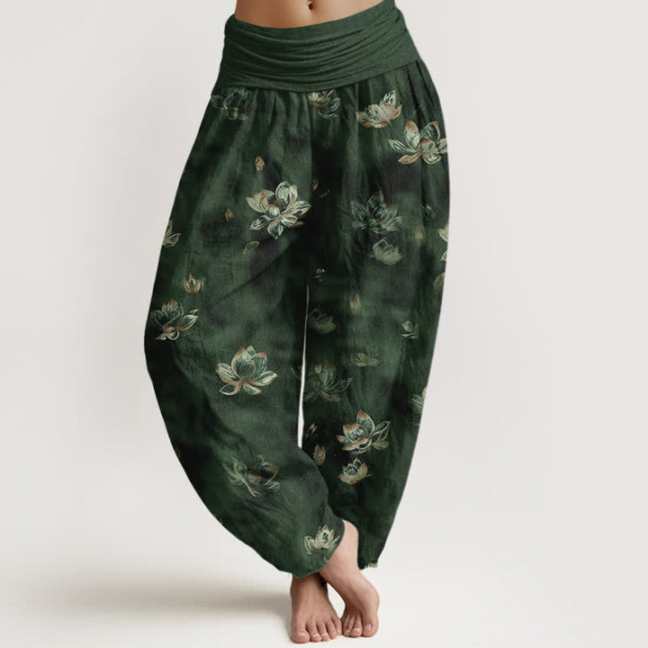 Buddha Stones Pantalones harem de algodón puro con estampado floral vintage de loto para mujer con cintura elástica. - Verde oscuro - US16，UK/AU20，EU48 (3XL) - image 0