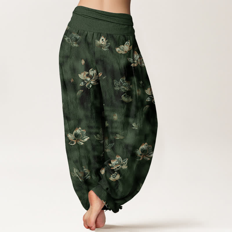 Buddha Stones Pantalones harem de algodón puro con estampado floral vintage de loto para mujer con cintura elástica. - image 1