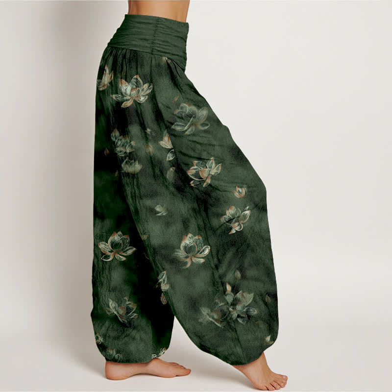 Buddha Stones Pantalones harem de algodón puro con estampado floral vintage de loto para mujer con cintura elástica. - image 2