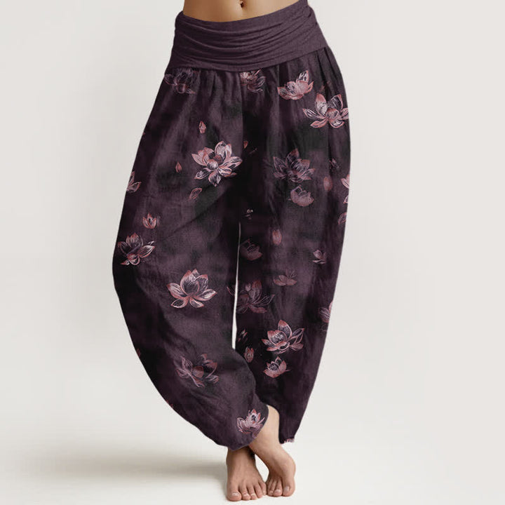 Buddha Stones Pantalones harem de algodón puro con estampado floral vintage de loto para mujer con cintura elástica. - Púrpura - US16，UK/AU20，EU48 (3XL) - image 5